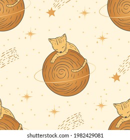 Celestial cat animal saturn space planet seamless pattern design. Vector astrology boho esoteric gold and magic fantasy background.