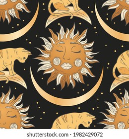 Celestial cat animal seamless pattern design with moon and sun. Vector astrology boho esoteric gold and magic fantasy background.