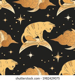 Celestial cat animal seamless pattern design with moon and cloud. Vector astrology boho esoteric gold and magic fantasy background.