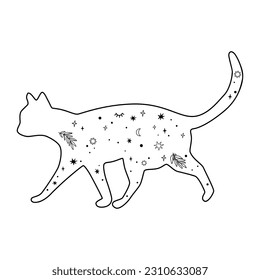 Celestial cat hand drawn in line art. Mysterious black moon cat. Magic domestic animal silhouette with stars, moon. Mystical vector illustration. Magic celestial black isolated element.