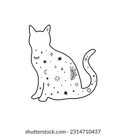 Celestial cat hand drawn in line art. Mysterious black moon cat. Magic domestic animal silhouette with stars, moon. Mystical vector illustration. Magic celestial black isolated element.