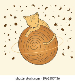 Celestial gato astrología sagrada tarjeta de oro esotérica boho. Animal de guardería Saturno Planeta.