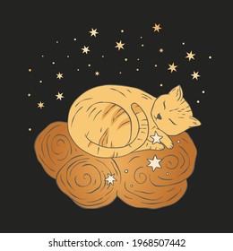 Celestial cat sacred astrology boho esoteric art. Nursery animal sleeping on a cloud.