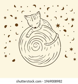 Celestial cat sacred astrology boho esoteric line art. Nursery animal outline art.