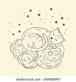 Celestial cat sacred astrology boho esoteric art. Nursery animal sky dreamy art.