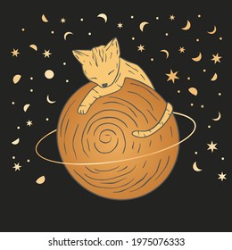 Celestial cat sacred astrology boho esoteric art. Nursery animal Saturn planet animal art.