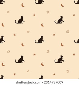 Seele Katze nahtloses Muster. Boho winzige Sterne, Mond auf beigem, wiederholtem Hintergrund. Einfaches handgezeichnetes Kitty-Design. Esoterische Himmelsvektorgrafik. Himmelsstarre Tapete, Textilien, Druck.