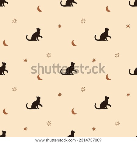 Celestial cat seamless pattern. Boho tiny stars, moon on the beige repeat background. Simple hand drawn kitty design. Esoteric sky vector illustration. Sky starry wallpaper, textile, print.