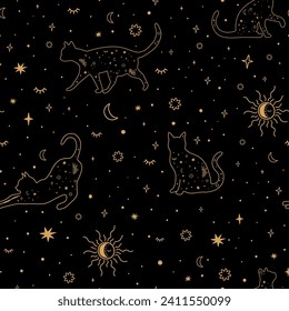 Celestial cat seamless pattern. Golden starry cats repeat background. Mystery stars, sun, moon on the black. Magic sky textile design, fabric, wallpaper. Minimal line art. Esoteric vector illustration