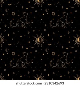 Celestial cat seamless pattern. Mystery stars, sun, moon on the black repeat background. Magic boho symbols surface design. Minimal line art. Esoteric vector illustration. Hand drawn alchemy wallpaper