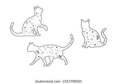 Celestial cat set. Moon cat drawn in line art graphic element isolated on white. Mysterious black kitty with stars. Magic domestic animal silhouette. Mystical vector illustration.