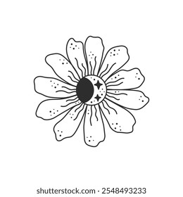 Celestial Chamomile Flower Hand drawn style. Mystical Occult Esoteric blossom with dots and star shapes on petals. Curvy doodle design. Outline vector illustration