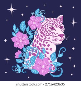 Celestial cheetah with magic flowers. Pink leopard as a symbol of the soul's totem animal