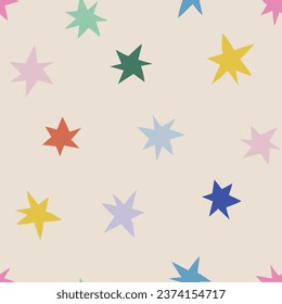 Celestial childish whimsy colourful stars vector seamless pattern. Birthday party naive starry background. Kid-like stellar decorative surface design for fabric or Scandinavian style nursery.