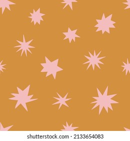 Celestial childish whimsy stars in the sky space vector seamless pattern. Boho baby naive starry background. Kid-like stellar decorative surface design for fabric or Scandinavian style nursery.