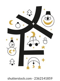 Celestial Christmas map with snowman, fir trees, car, ball, moon and stars. Ready postcard template. Scandinavian winter illustration.