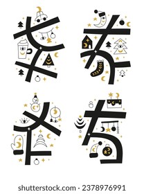 Celestial Christmas maps with house, fir trees, snowman, sock, cake, moon and stars. Ready postcard template. Scandinavian winter illustration.