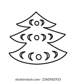 Celestial Christmas tree with moon phases isolated on white background. Boho mystery symbol.