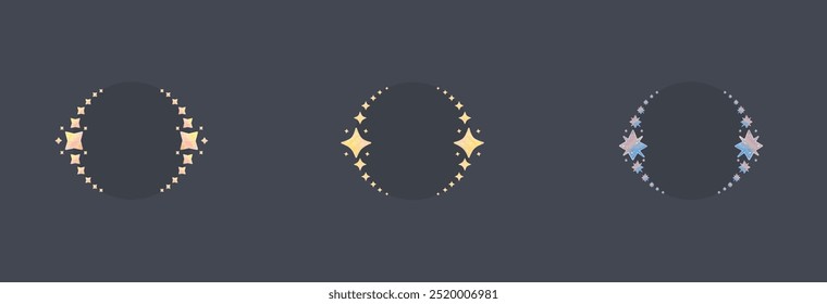 Celestial Circle Frames Set Different Stars Four Eight Pointed Golden And Blue Cute Magic Glossy Icon Vector Isolated