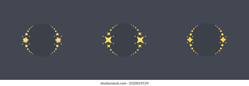 Celestial Circle Frames Set Different Stars Four And Ten Pointed Golden Cute Magic Glossy Icon Vector Isolated