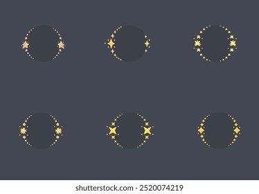 Celestial Circle Six Frames Set Different Stars Golden Cute Magic Glossy Icon Vector Isolated