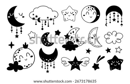 Celestial clipart set with boho moon and stars in black and white color. Good night baby doodle. Vector illustration.