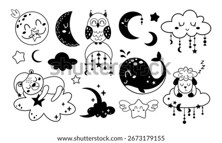 Celestial clipart set with boho moon, stars and sleeping animals in black and white color. Good night baby doodle. Vector illustration.