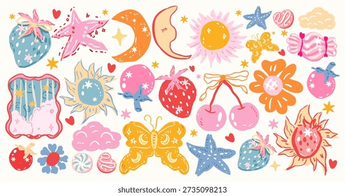 Celestial clipart, star and moon illustration, C Star and Moon Illustration with Mystic Sky, Cosmic Light, Astrology Symbols, Dreamy Coquette hand drawn Spiritual Night Aesthetic