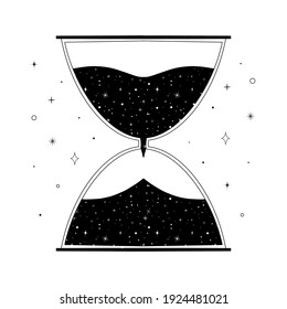 Celestial clock with sand dust logo. Cool magic poster idea with hourglass. Black boho logo design. Hand drawn mascot with stars and dots.