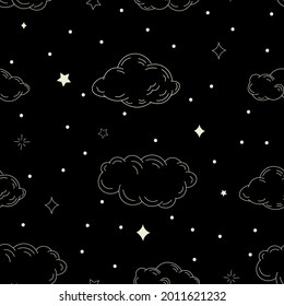 Celestial Cloud and stars in gold colors seamless pattern.Vector background  perfect for textiles, baby shower fabrics, digital paper, fashion