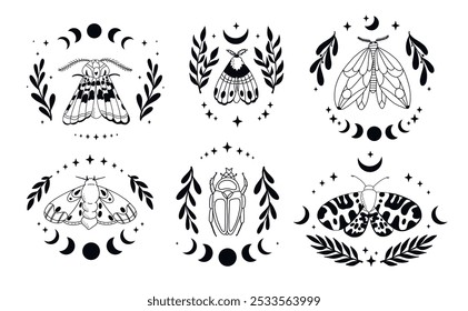 Coleção celestial, elementos decorativos místicos monocromáticos com florais, estrelas, lua para impressões, adesivos, cartões, cartazes, papelaria, mídias sociais, logotipos, etc. EPS 10