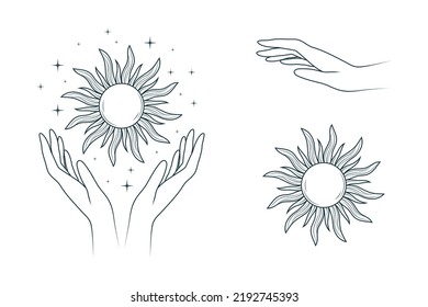 Himmelskollektion von Sonne und Händen. Vektor-Einzelsatz von 3 esoterischen Objekten. Handgezeichnete Illustration im Boho-Stil für mystisches Design, Tarotkarten, Tattoo und Aufkleber.