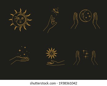 Celestial collection - sun, moon, stars and planets in hands. Vector illustration on dark background