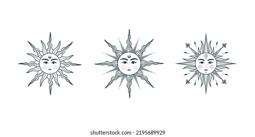 Celestial  collection of suns with faces. Isolated set of 3  vector esoteric objects, engraving stylization. Hand drawn illustration in boho style for mystical design, tattoo, tarot cards and stickers