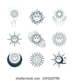 Celestial collection  of suns, moons and hands. 9 mystical elements for esoteric design, zodiac, stickers, tarot cards, astrology and tattoo. Hand drawn illustration in boho style.