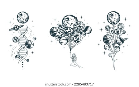 Celestial compositions with a girl holding a bunch of balloons-planets, dna surrounded by space bodies and mystical twig. Hand drawn vector illustrations for print, poster, tattoo and greeting card.