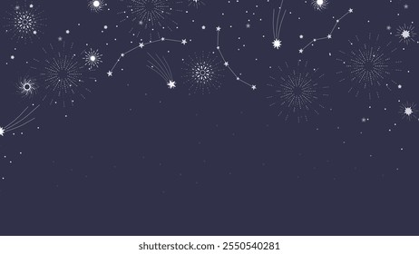 Sternbild und Feuerwerk auf tiefblauem Hintergrund, mit aufwändigen Sternenbursten und Sternschnuppen für einen magischen Nachthimmeleffekt.