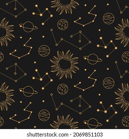 Celestial constellations astrological golden seamless pattern on dark background.