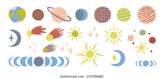 Celestial, cosmic clipart set. Universe, Solar or fantasy planetary system, Earth and other various Planet, Jupiter, Crescent Moon, Sun, falling stars, and comets. Vector space elements collection.