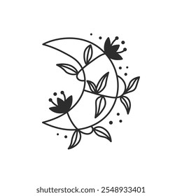 Celestial Crescent with Flower and Leaf. Line art moon decorative vector illustration. Hand drawn sacred spiritual symbol in doodle style with dots.