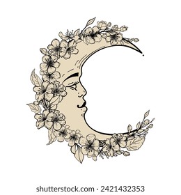 Celestial crescent moon with a face decorated with flowers, mystical logo, magical vector tattoo. Hand drawn symbol of astrology, zodiac, horoscope. Sacred Design Element.