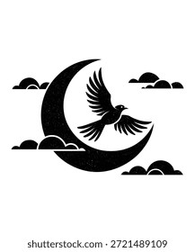 Luna creciente celestial Pájaro volador Silueta angustiada Vector
