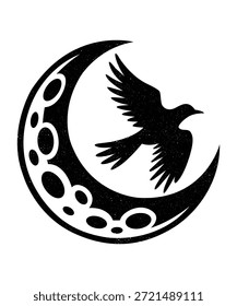 Luna creciente celestial y pájaro volador Antiguas Silhouette Vector