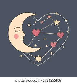 Himmelssichel Mond und Herzkonstellation Himmelsnachthimmel Design