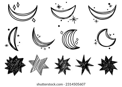 Celestial crescent moon swoosh wish sparkling exploding silhouette sparkling doodle  Stars hand drawn in simple, minimalist style, wedding invitations, card, birthday wish collection set
