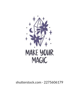 Cristal celeste con ilustración de vector floral. Símbolo místico de brujería con la luna, las estrellas. Línea dibujada a mano de arte boho clipart. Elemento mágico para la impresión de camisetas, pegatina espiritual. 