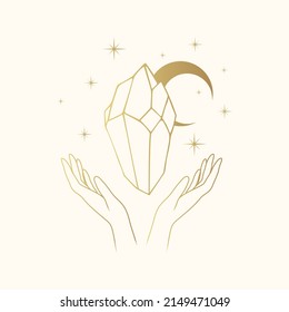 HimmelsKristall, Mond und Sterne werden auf den Händen gehalten. Goldene handgezeichnete mystische Vektorgrafik für Hexerei.