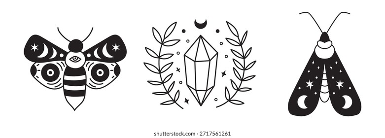 Himmelskristall und Motte mit mystischen Flügeln und Boho-Symbolen. Vektorkontur Insekten Silhouette für Hexe Tattoo, Aufkleber oder spirituelle Kristall rituelle Design.