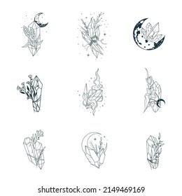 Cristales celestes, luna, flores, ramas. Conjunto aislado de 9 iconos mágicos para tatuajes, impresión de camisetas y diseño esotérico.