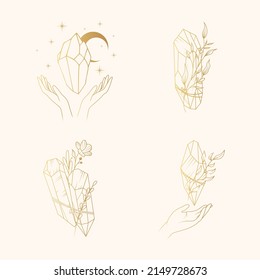 Himmelskristalle, Mond, Blumen und Zweige.  Goldener Satz von vier mystischen Vektorgrafiken im Boho-Stil.